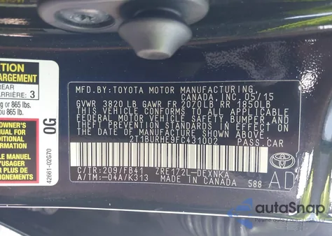 2015 Toyota Corolla Le из США, поврежденный, VIN 2T1BURHE9FC431002